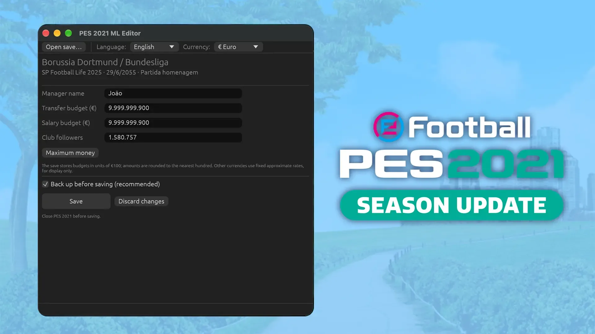 PES 2021 ML Editor showing the manager name, transfer and salary budgets, club followers and Maximum money button beside the PES 2021 logo