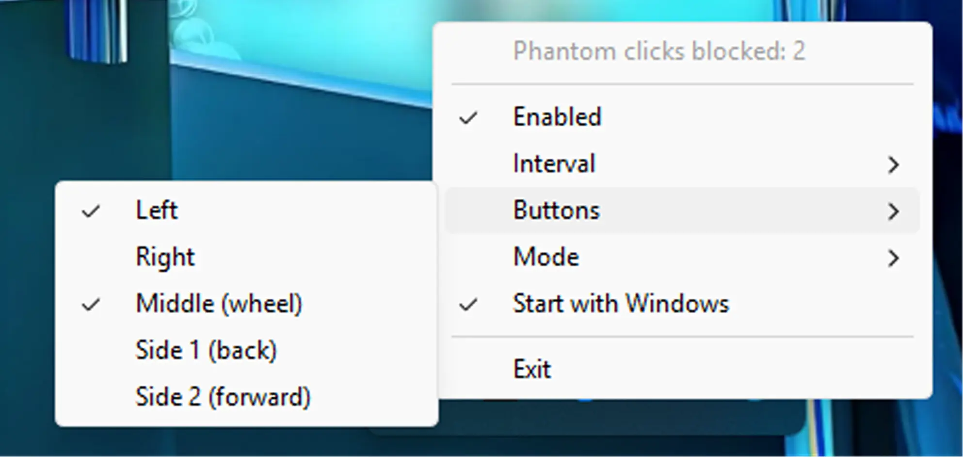 MouseFix tray menu showing the blocked-click counter, enabled state, interval, buttons, mode and start-with-Windows option